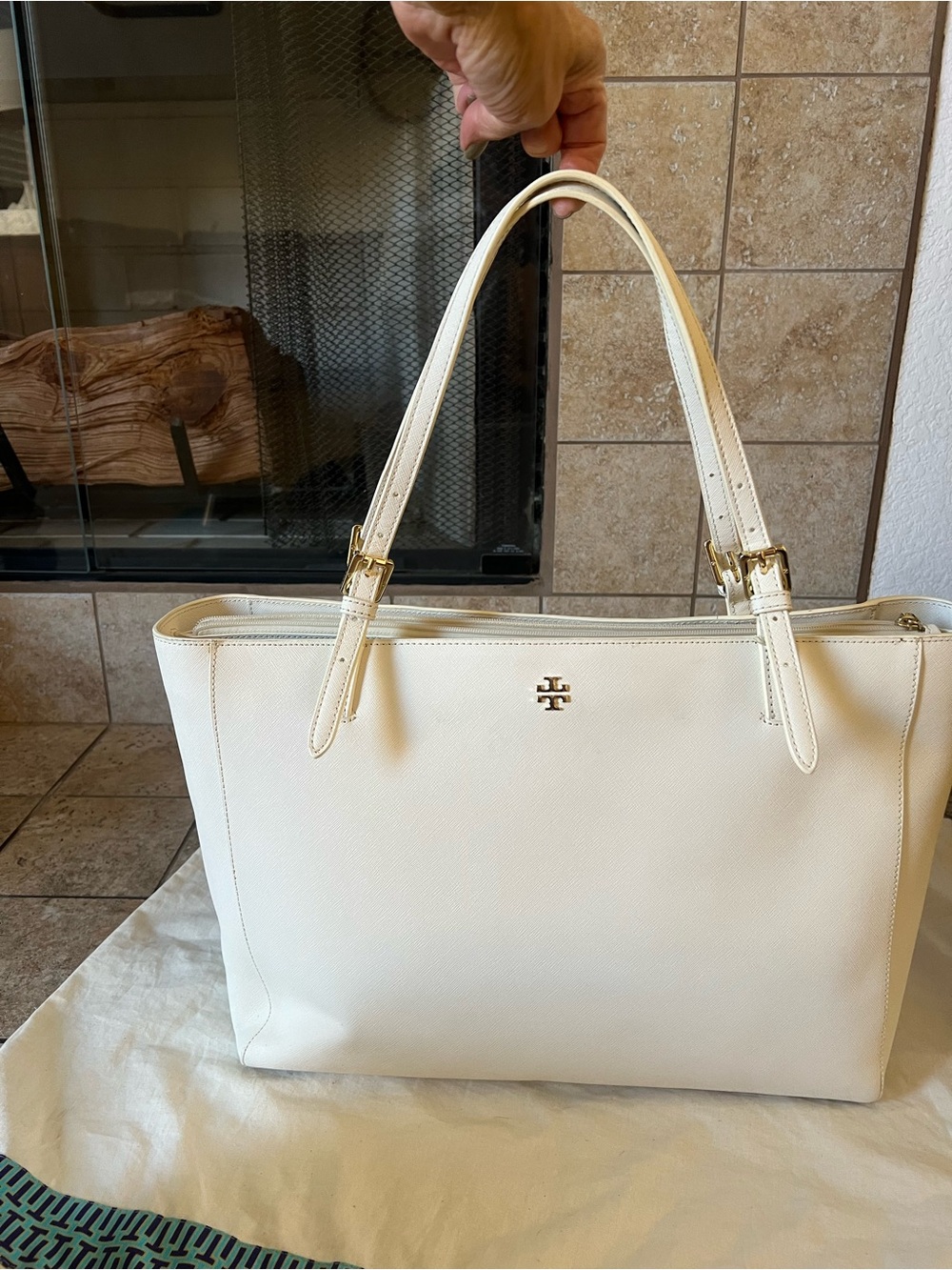 Tory Burch Ivory Saffiano Leather Tote with Gold Hardware
